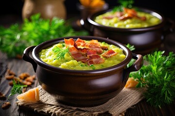 Selective focus on bacon in homemade split pea soup
