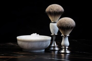 Shaving foam and brush kit on dark background