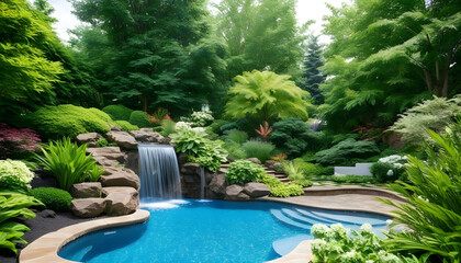 tropical garden with pool and flowers