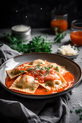 Ravioli stuffed with tomato sauce, basil and Parmesan cheese, prepared at home in a bright kitchen with the table set. Illustration. Generative AI