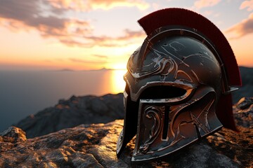 Naklejka premium Spartan helmet on rocky backdrop sunset sky