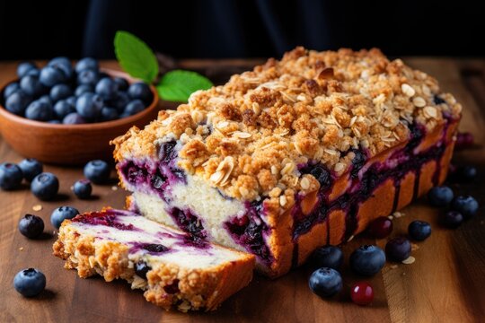 Top down perspective of blueberry streusel sweet bread slices with fresh berries on a wooden board