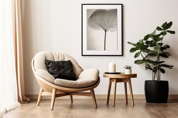 Trendy Scandinavian living room with armchair poster frame storage stool books decor and personal items in modern home decor