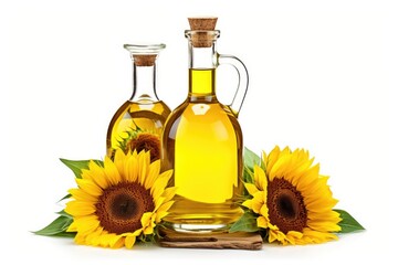Three sunflower flowers in a bottle of vegetable oil on a white background