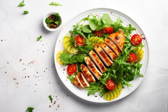 Top view image of a green salad with baked chicken breast on a white kitchen table showcasing the concept of healthy food and clean eating