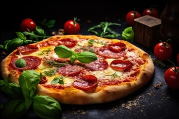 Traditional Italian pizza with salami cheese tomatoes and greens on a dark background served hot