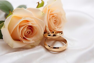 Two soft toned roses and golden rings on white background for a golden wedding
