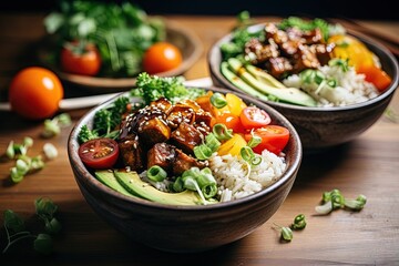 Two vegan tempeh poke bowls filled with rice hoisin baked tempeh and vibrant veggies a nutritious and tasty lunch - obrazy, fototapety, plakaty