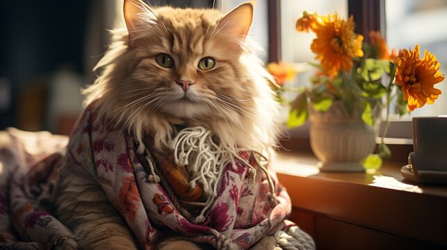 A ginger cat wearing a floral scarf is sitting in front of a vase of flowers