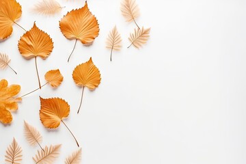 Autumn themed creative composition with dried leaves on white background featuring fall concept Flat lay top view copy space