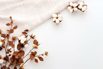 Autumn themed flat lay composition cotton flowers plaid coffee cup on white background symbolizing autumn and fall concept