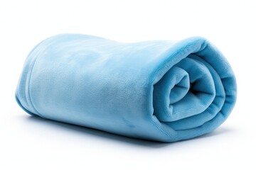 Blue coral fleece throw rolled up on a white background