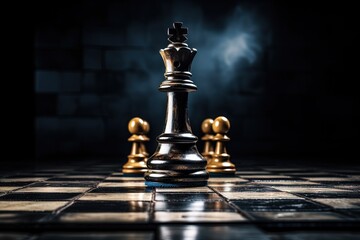 Chess game with king winning on black background Success business strategy victory intellect tactics defeat checkmate leader concept - obrazy, fototapety, plakaty