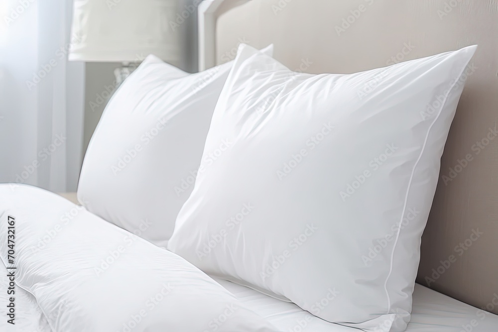 Poster cozy pillows and white bedding on light wall background