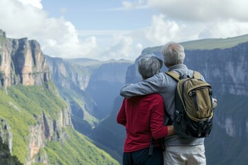 Retired traveling couple exploring a new destination together, perhaps standing on a picturesque viewpoint showcasing a breathtaking landscape that symbolizes their adventurous retirement travels...