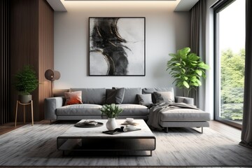 Contemporary living room featuring elegant furniture and grey carpet