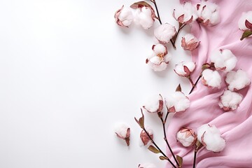 Cotton flowers on a white background with a pink blanket Top view copy space