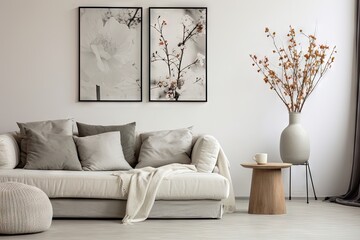 Contemporary living room with floral vase cozy couch and wall frames