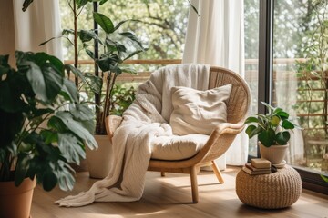 Cozy modern house with ethnic boho decor featuring armchair blanket wooden floor potted plant curtains rustic living room large window free space