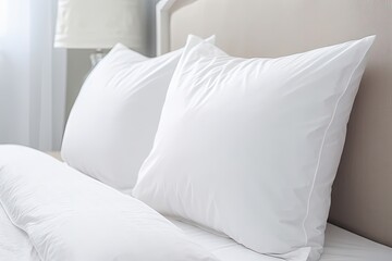 Cozy pillows and white bedding on light wall background