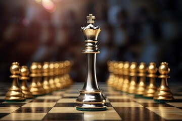 Golden chess king leads silver chess pieces on chessboard concept of teamwork and leadership