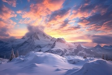 Gorgeous snowy mountain sunrise with cloudy skies