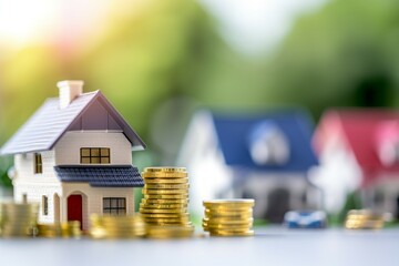 House and money coins: a diverse portfolio of real estate properties, ranging from residential to commercial, illustrating a well-rounded investment strategy... - obrazy, fototapety, plakaty