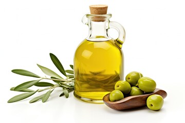 Green olives and olive oil in glass bottle isolated on white background