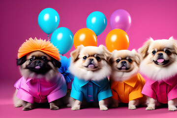 Creative Animal Concept Birthday Party Invitation Banner - Solid Background and An Isolated Beijing Dog Dog's Vibrant Fashion Costume generative ai
