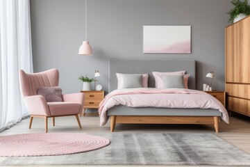 Grey and pink bedroom interior with wooden bed and patterned armchair covered in carpet