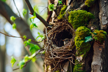 A close-up of a tiny bird nest nestled on a green tree in the woods, symbolizing the arrival of spring.





