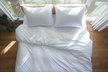 Isolated bedroom view from top white duvet cover