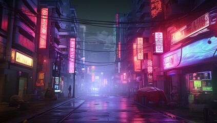 A deserted street in a cyberpunk city with neon lights and a flying car