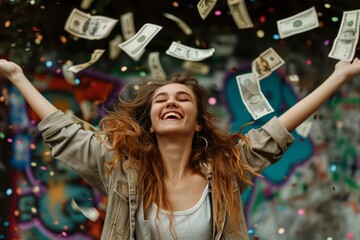 Happy young woman wearing a surprised expression as money banknotes float around her, creating a sense of prosperity... 