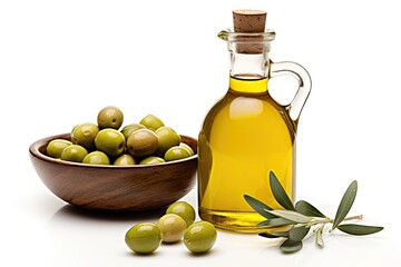 Isolated green olives and olive oil in a glass bottle on white