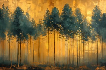 Beautiful Golden Forest Landscape Painting, Nature Artwork, Rustic Home Decor, Scenic Oil on Canvas, Modern Art, Camping and Travel Marketing Concept Imagery - obrazy, fototapety, plakaty