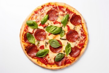 Italian pizza with pepperoni cheese salami spices and spinach on a white background with copy space