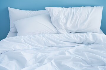 Messy white bedding on blue furniture viewed from the front