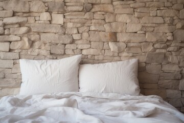Messy bed idea with white sheets and pillows against a natural stone wall background zoomed in