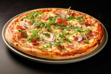 Pizza topped with ham rucola and vegetables on white background