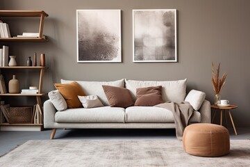 Real photo of a grey living room with a white cupboard brown carpet and posters