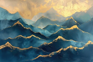 Beautiful GIlded Coastal Mountain Landscape Painting, Nature Artwork, Rustic Home Decor, Scenic Oil on Canvas, Modern Art, Camping and Travel Marketing Concept Imagery - obrazy, fototapety, plakaty