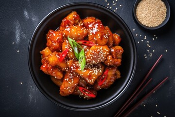 Spiced chicken in sweet and sour sauce with chili teriyaki chicken with sesame Chinese Thai and Japanese cuisine Copy space recipe background food flat lay - obrazy, fototapety, plakaty
