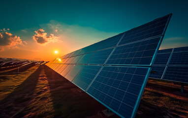 The striking silhouette of an expansive solar farm at sunrise. The array of solar panels stretches into the distance, harnessing the first light of the day. 