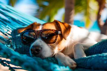 A laid-back dog peacefully napping on a hammock with sunglasses, capturing the essence of a summer day at a beach resort.