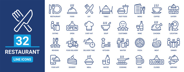 Restaurant icon set. Food, eat, dinner, kitchen, food delivery, menu, cooking, chef hat, meal and more. Vector outline icons collection.