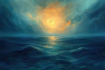 Beautiful Sunset Ocean Landscape Painting, Nature Artwork, Rustic Home Decor, Scenic Oil on Canvas, Modern Art, Camping and Travel Marketing Concept Imagery - obrazy, fototapety, plakaty