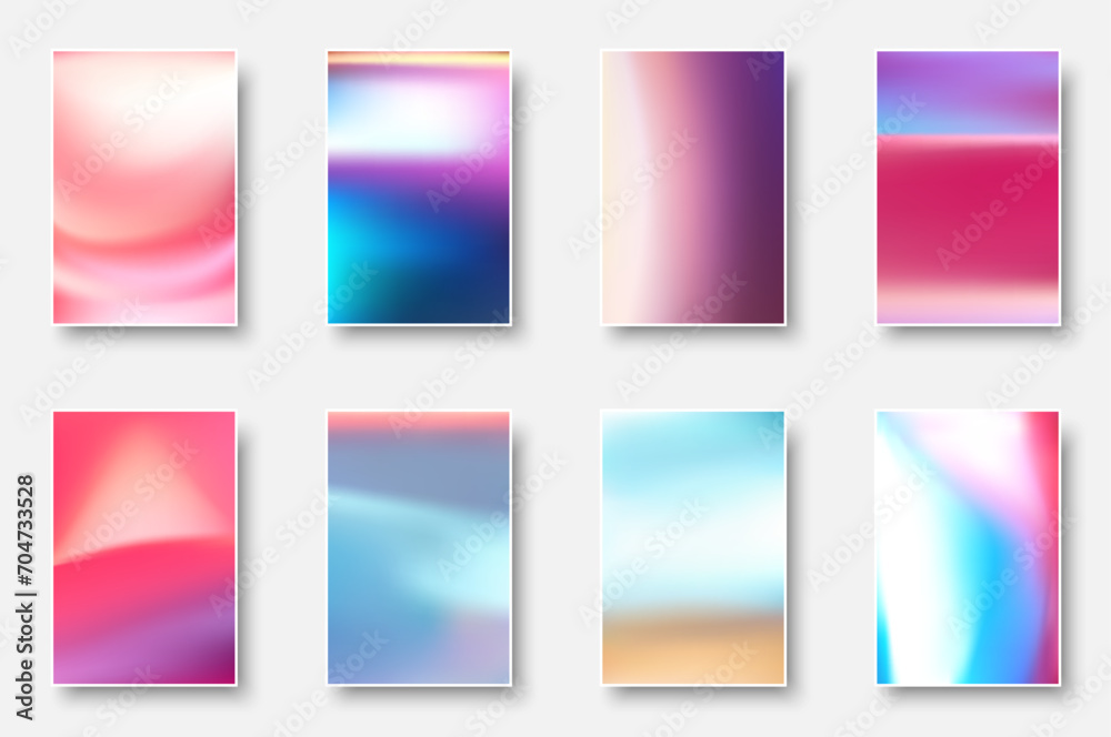 Wall mural set of colorful hologram paper card. abstract holographic wavy gradient mesh color backgrounds.