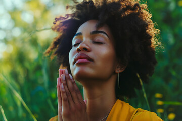 A Close-Up Portrait of an African American Woman Engaged in Prayer, Embracing a Reverent Moment of Serenity Amidst the Beauty of Nature Soulful Connection