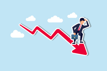 Economic recession, stock market plunge or falling down, cryptocurrency crash or financial crisis from inflation concept, businessman investor standing on falling down red graph look for bottom.